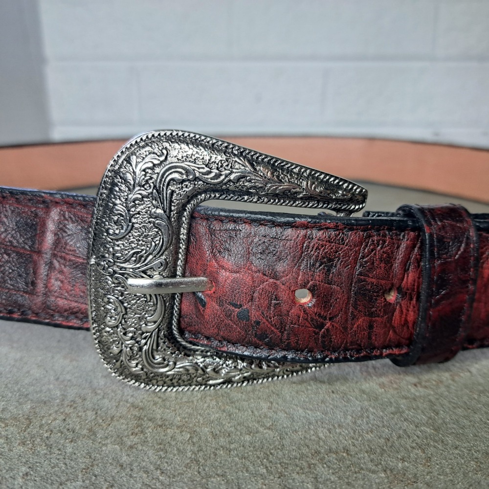 Western Gothic Men's 46 Black Cherry Alligator Print Leather Belt El Presidente